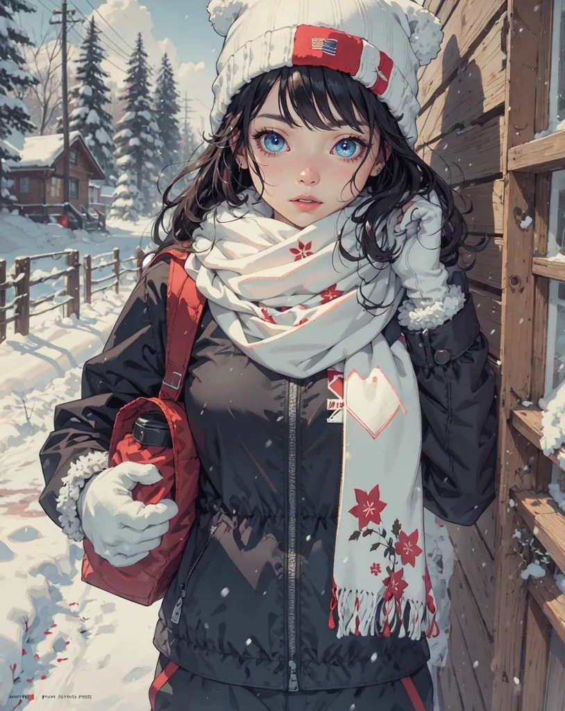 The image is a painting of a young girl standing in a snowy forest. She is wearing a white and red hat, a white scarf, and a black jacket. She has blue eyes and long brown hair. She is carrying a red bag on her right side. There is a house in the background. The painting is done in a realistic style, and the girl's expression is one of happiness.