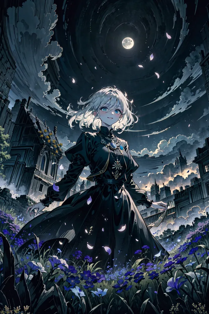 The image is a dark fantasy illustration of a young woman standing in a field of flowers. The woman is dressed in a black dress with a white collar and has short white hair and blue eyes. She is looking at the viewer with a serene expression. The background of the image is a dark blue sky with a full moon and clouds. The ground is covered in a variety of blue and purple flowers. There is a building in the background. The image has a soft, ethereal quality and is reminiscent of the work of Yoshitaka Amano.