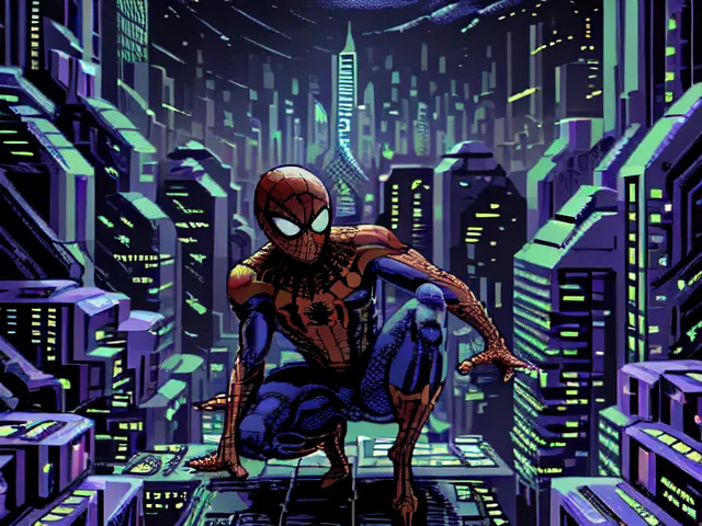 The image is of Spider-Man crouching on a rooftop in a futuristic city. The city is full of tall buildings and skyscrapers, and the sky is dark. Spider-Man is wearing his classic red and blue suit, and he is looking out over the city. The image is in a pixelated style, and it looks like it was created using a computer program.