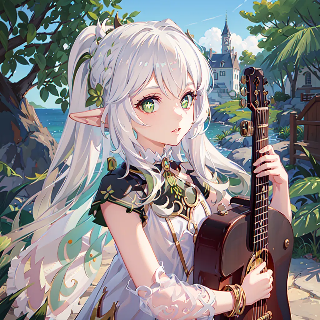 La imagen es de una hermosa chica elfa con el cabello blanco largo y ojos verdes. Ella está usando un vestido blanco con una banda verde y tiene una guitarra en sus manos. Ella está de pie en un bosque con un castillo al fondo.