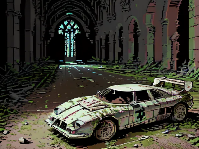 The image shows a ruined church with a large stained glass window. The church is overgrown with plants and moss. In the foreground of the image, there is an abandoned and rusty car. The car is covered in moss and vines. The image is post-apocalyptic and conveys a sense of abandonment and decay.