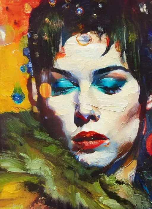 The image is a painting of a woman with dark hair and blue eyeshadow. She is wearing a green feather boa and has red lipstick on. The background is a bright yellow with orange and red accents. The painting has a surreal, dreamlike quality.