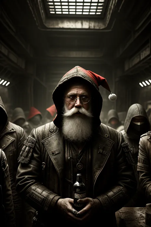 This image shows a man dressed in a black leather jacket and a red Santa hat. He has a long white beard and a stern expression on his face. He is holding a bottle of alcohol in his hands. He is surrounded by a group of people in dark clothes who are wearing ski masks. They are all armed with weapons. The background is a dark and dirty room with a barred door.