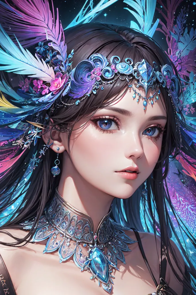 This is an image of a beautiful woman with long, dark hair. She is wearing a silver headpiece with blue and purple gems and feathers. She is also wearing a silver necklace with a large blue gem in the center. Her eyes are blue and her skin is fair. She is looking at the viewer with a serious expression.