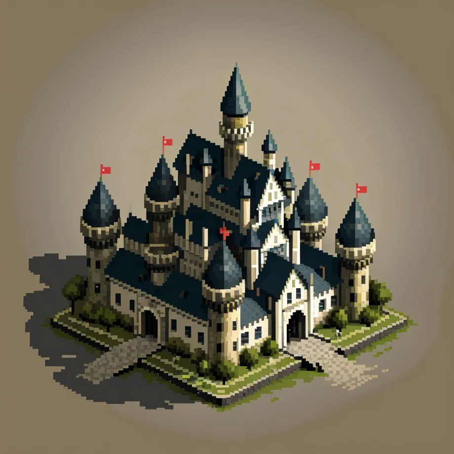 L'image est une illustration pixélisée d'un château. Le château est gris et bleu avec des drapeaux rouges sur les tours. Il est entouré d'arbres et a un chemin menant jusqu'à lui. Le château est au centre de l'image et occupe la majeure partie de l'espace. L'arrière-plan est de couleur brun clair.