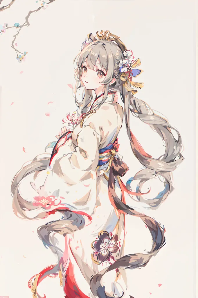 The image is of a beautiful young woman with long, flowing hair and a gentle smile. She is wearing a traditional Japanese kimono with a floral pattern and a red obi sash. Her hair is adorned with delicate hair accessories, and she carries a fan in her right hand. The background is a soft, muted color, with a few cherry blossoms drifting through the air. The overall effect is one of peace and tranquility.