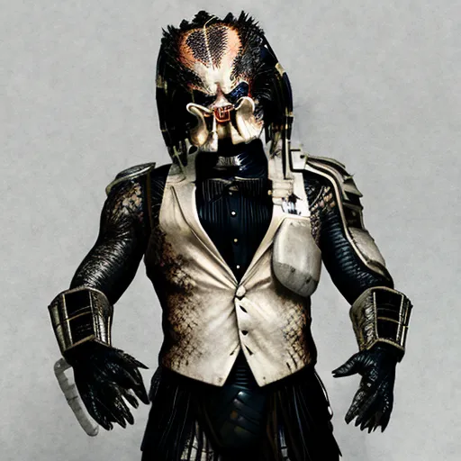 The image shows a tall, muscular humanoid creature with dark, spiky skin and a large, ferocious face. It is wearing a white vest and a pair of dark pants, and its arms are covered in sharp blades. The creature is standing in a relaxed pose, and its eyes are narrowed in a predatory glare. The background is a dark, nondescript wall, which makes the creature stand out even more.

The creature is likely a Yautja, or Predator, a fictional alien species from the Predator film franchise. Yautjas are known for their advanced technology and their hunting customs. They are typically depicted as being honorable warriors, but they are also capable of great cruelty.

The image is a realistic depiction of a Yautja, and it captures the creature's features very well. The artist has used a variety of techniques to create a sense of realism, including photo manipulation, 3D modeling, and rendering. The end result is an image that is both impressive