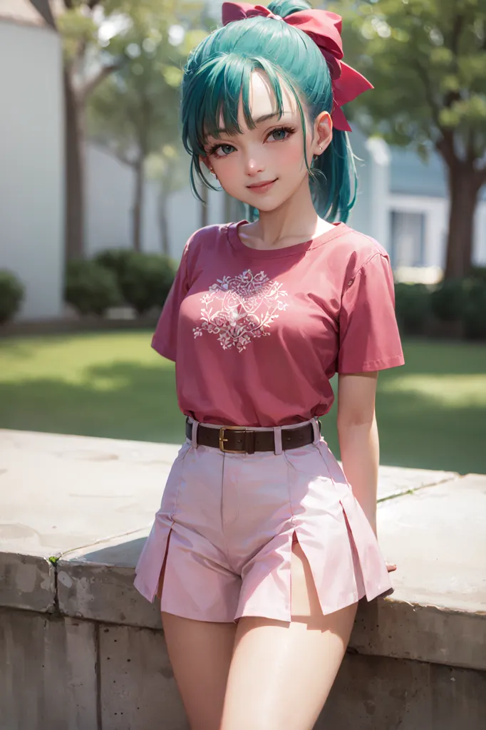 The image shows a young woman with green hair and blue eyes. She is wearing a pink shirt, a brown belt, and white pleated shorts. She has a red bow in her hair and is standing in front of a stone wall. There are trees and buildings in the background.