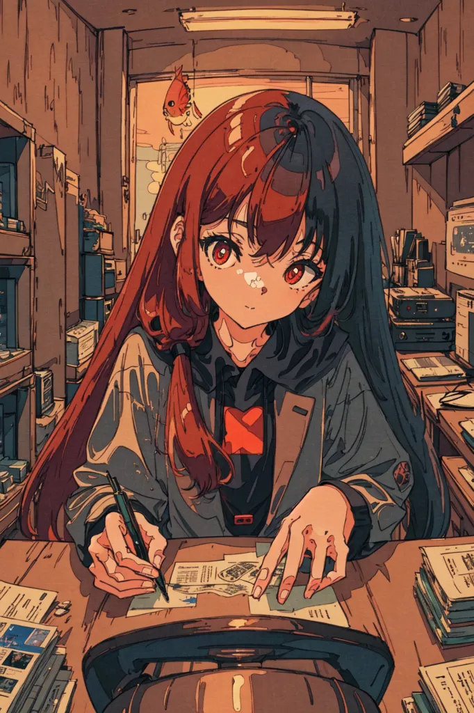 This is an image of a girl sitting at a desk, writing something on a piece of paper. She has long red and black hair, and is wearing a black hoodie with a red and white symbol on the front. She is also wearing a pair of headphones. There are bookshelves and other objects on the shelves behind her. A fish is swimming in the sky outside the window.