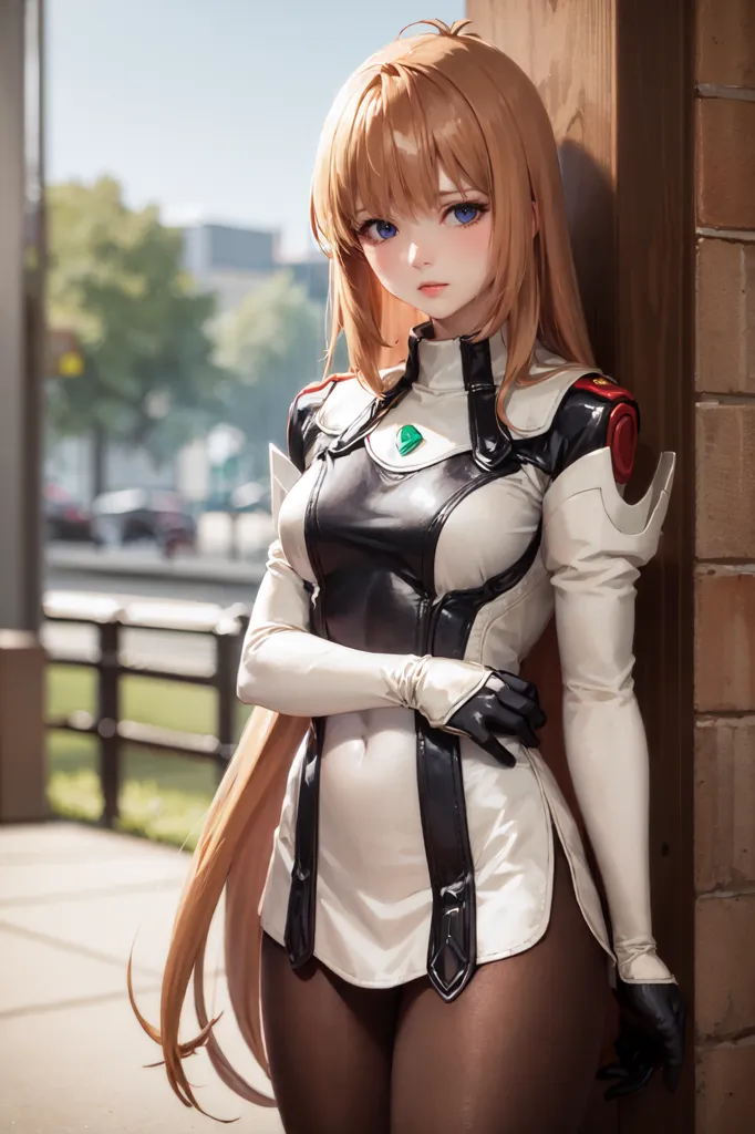 The image is an anime-style drawing of a young woman with long, flowing hair. She is wearing a white and black bodysuit with a green gem on her chest. She is also wearing black gloves and boots. The woman is standing in a city and there are trees and buildings in the background.