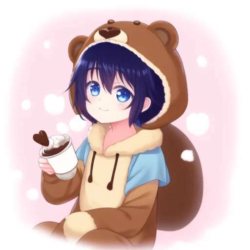 A imagem mostra um desenho em estilo anime de um menino jovem em um macacão de urso. O menino tem cabelos curtos azuis e olhos azuis, e ele está sorrindo. Ele está segurando uma xícara de chocolate quente com um marshmallow em forma de coração no topo. O fundo é de uma cor rosa clara e há alguns flocos de neve brancos caindo.