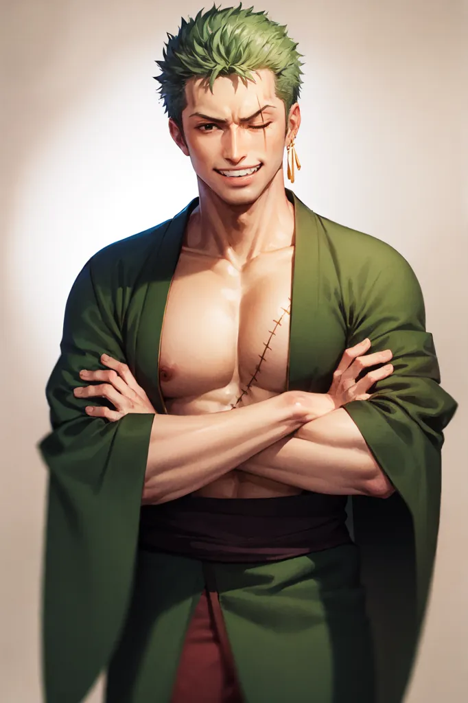 The image shows a man with green hair and a scar on his chest. He is wearing a green kimono and has a confident smile on his face. He is standing with his arms crossed and looks like he is ready for a fight.