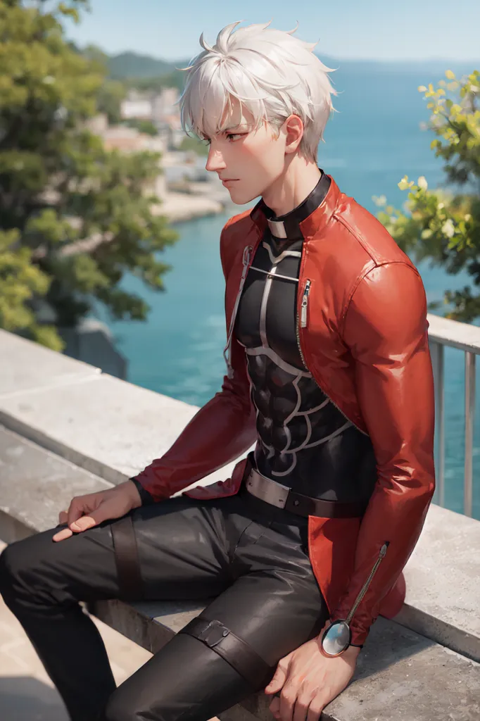 The image shows a young man with white hair and red eyes. He is wearing a red leather jacket, black pants, and a white shirt. He is sitting on a stone railing, looking out at the ocean. There are trees and buildings in the background. The man has a thoughtful expression on his face. He is wearing a silver watch on his left wrist.