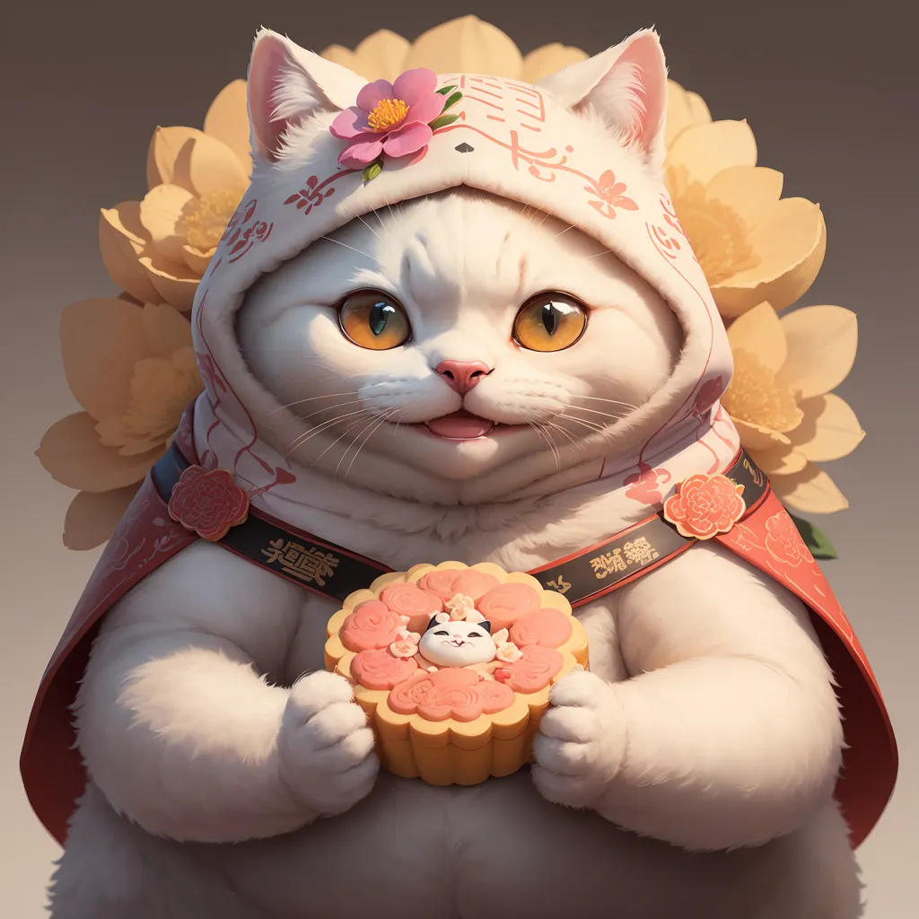 Esta é uma pintura digital de um gato branco vestindo um traje tradicional chinês. O gato está sentado e segurando um bolo de lua em suas patas. O gato está usando um chapéu rosa e branco com uma flor e uma bata vermelha e dourada com detalhes brancos. O fundo é um gradiente de rosa claro e amarelo.