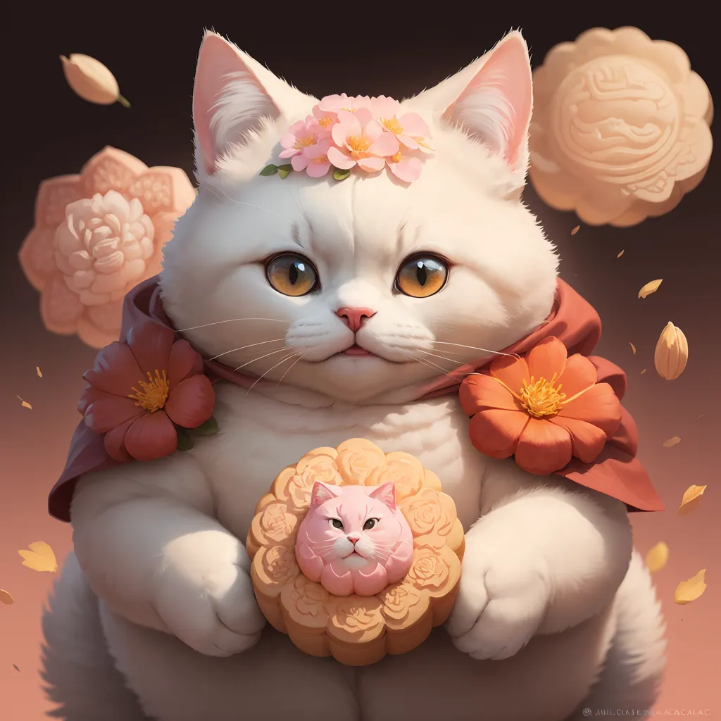 This image shows a white cat wearing a red cape with white and pink flowers on it. The cat is holding a pink and yellow pastry with a picture of a cat on it. The cat is sitting in front of a dark brown background with pink and white flowers and orange and yellow leaves falling around it.