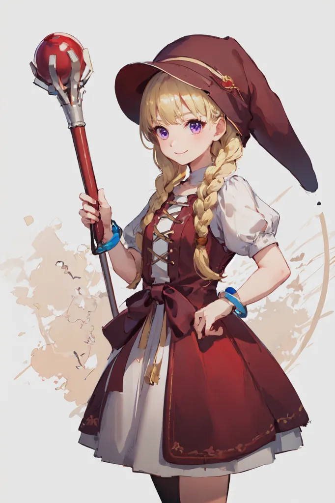 The image is of a young girl dressed as a witch. She has long blond hair braided down her back and purple eyes. She wears a red and white dress with a corset-like top and a long skirt. She also wears a red hat with a white band around it. She is holding a staff with a red orb on the end. She has two blue bracelets on her right arm. She is standing in front of a white background with a watercolor-like texture.