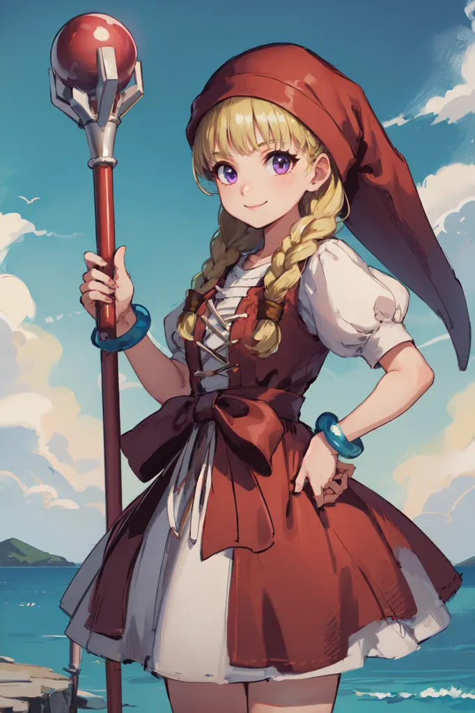 The image is of a young girl, with long blonde hair and purple eyes. She is wearing a red and white dress, with a red hat and blue bracelets. She is holding a staff with a red orb on top. She is standing in front of a blue sea, with a rocky cliff to her left. The sky is blue and cloudy, with a few clouds in the distance.