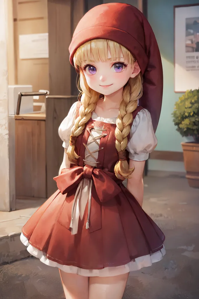 The image shows a young girl with long blond hair and purple eyes. She is wearing a red and white dress with a white apron and a red hat. The girl is standing in a room with a wooden door and a plant in the corner.