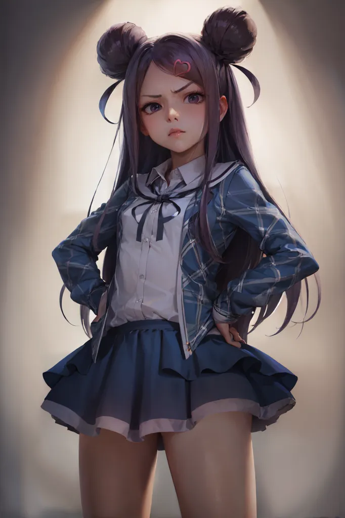 The image shows a young girl with purple hair and brown eyes. She is wearing a white blouse, a blue plaid jacket, and a blue skirt. She has her hands on her hips and is looking at the viewer with an annoyed expression on her face. She has two buns in her hair and a small pink heart-shaped hair accessory on the right side of her head. She is standing in front of a spotlight, which is casting a warm glow on her.