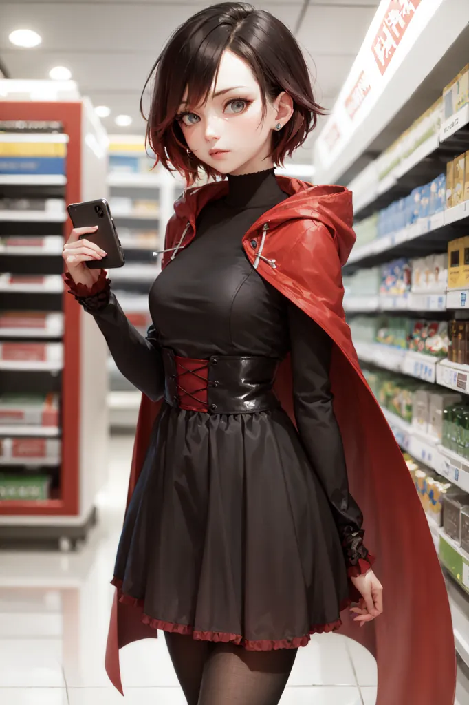 This image shows a young woman with short brown hair and red eyes. She is wearing a black dress with a red cape. The dress has a corset-like belt and a pleated skirt. She is also wearing black stockings and boots. She is holding a smartphone in her right hand. She is standing in a grocery store, looking at the shelves.