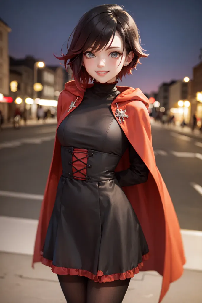 Cette image montre une jeune femme, probablement dans la fin de son adolescence ou le début de la vingtaine, aux cheveux bruns courts et aux yeux rouges. Elle porte une robe noire avec un cape rouge et une épingle en forme de rose blanche sur sa poitrine. La robe a un design de corset avec des lacets noirs et rouges. Elle porte également des bas noirs et des bottes marron. Elle se tient dans un cadre urbain, avec un arrière-plan flou de lumières de la ville.