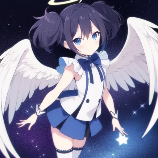 This is an image of an anime-style angel girl. She has long dark blue hair tied in twintails, blue eyes, and a halo above her head. She is wearing a white and blue dress with a bow on the chest. She has angel wings made of white feathers. She is standing in a starry night sky, and there is a shooting star in the background.