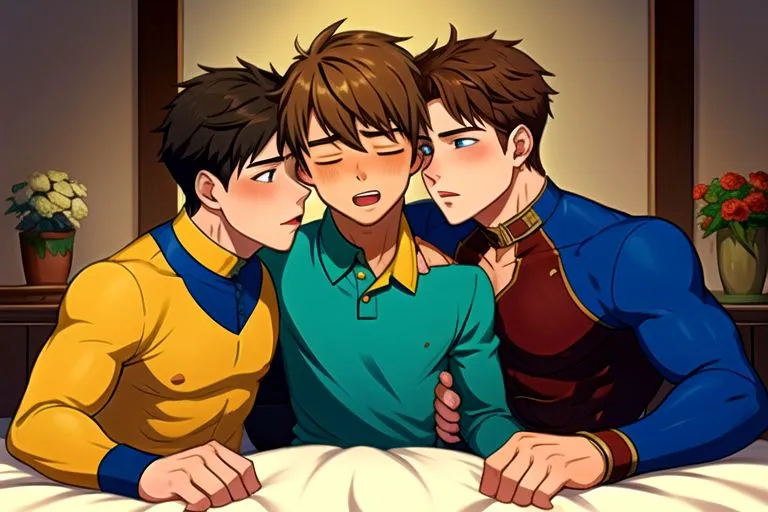 The picture shows three men in a bedroom. The man in the middle is wearing a green shirt and is blushing. The man on the left is wearing a yellow shirt and has his hand on the shoulder of the man in the middle. The man on the right is wearing a blue shirt and has his hand on the waist of the man in the middle. All three men have their eyes closed.