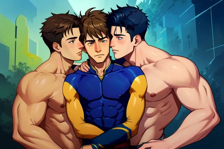 The image shows three muscular men. They are all shirtless. The man in the middle is wearing a blue and yellow superhero costume. The man on the left is wearing a black shirt. The man on the right is wearing a white shirt. They are all standing close to each other. The man in the middle has his arms around the other two men. The man on the left has his hand on the man in the middle's shoulder. The man on the right has his hand on the man in the middle's waist. They all have serious expressions on their faces.