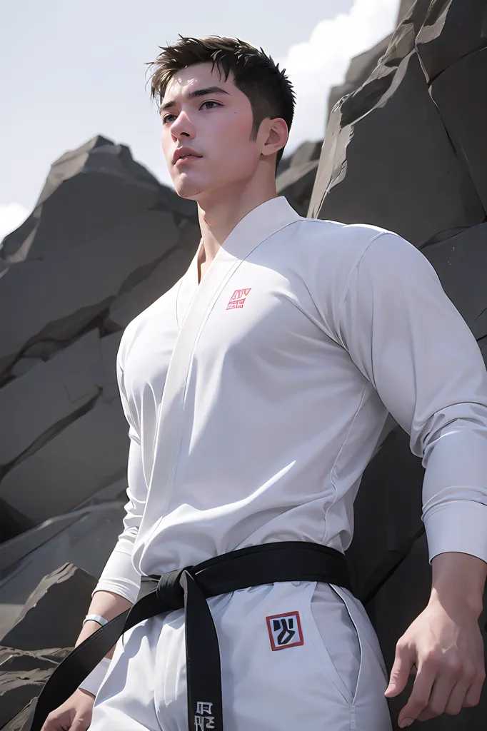 This is an image of a young man dressed in a white karate gi and black belt. He has a muscular build and is standing in a powerful stance. His feet are shoulder-width apart, his knees slightly bent, and his hands are raised in front of him in a blocking position. His eyes are narrowed and focused, and he looks ready to strike. The background is a blur of gray rocks, which suggests that he is in a mountainous or rocky environment. The overall impression of the image is one of strength, power, and readiness for combat.