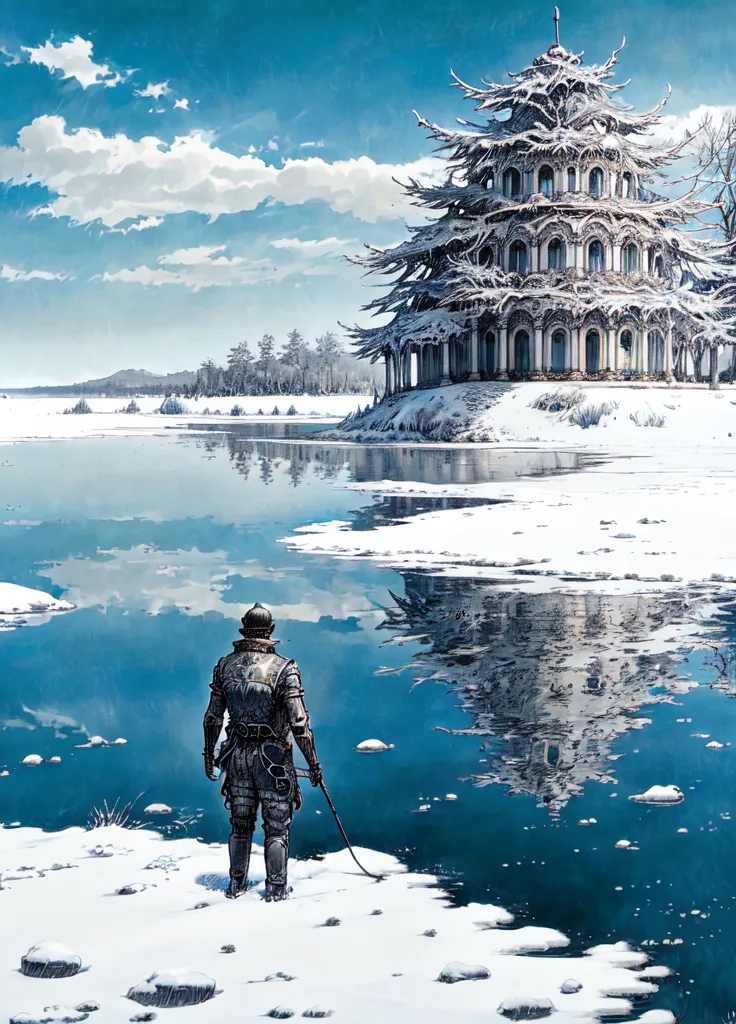 The image shows a frozen lake with a snow-covered landscape in the background. There is a large, ornate building in the middle of the lake, which is surrounded by snow-covered trees. A lone figure stands on the edge of the lake, looking out at the building. The figure is wearing a dark cloak and a sword. The sky is blue and there are some clouds in the sky.