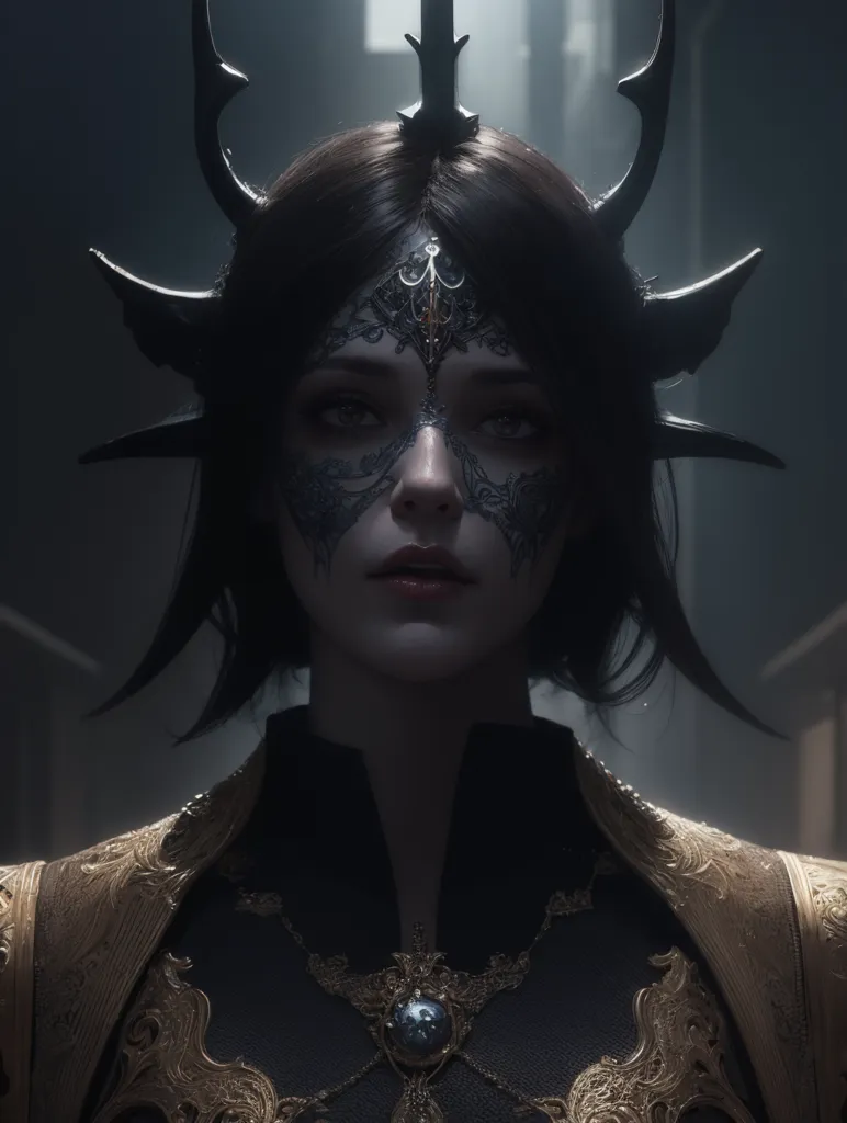 This is a picture of a woman, with dark hair and black eyes. She is wearing a black dress with gold trim, and a black and gold headdress with horns. She has a serious expression on her face, and is looking at the viewer with her head tilted a bit downwards at an angle.