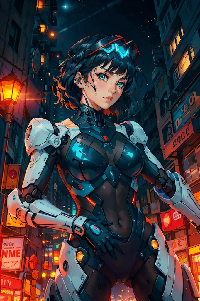 This is an image of a young woman standing in a dark city street. She is wearing a blue and white bodysuit with a lot of technological details. She has short dark hair and blue eyes. She is looking at the viewer with a serious expression. There are buildings and neon signs in the background.