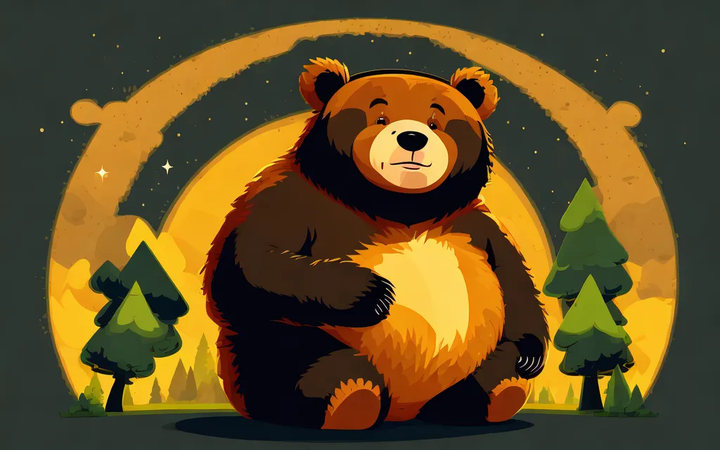 L'image est un ours de dessin animé. L'ours est brun et a un ventre jaune. Il est assis sur ses hanches avec ses pattes devant lui. L'ours a une expression amicale sur son visage. Il y a deux arbres et une lune croissante derrière lui. L'arrière-plan est un ciel de nuit bleu foncé avec des étoiles.