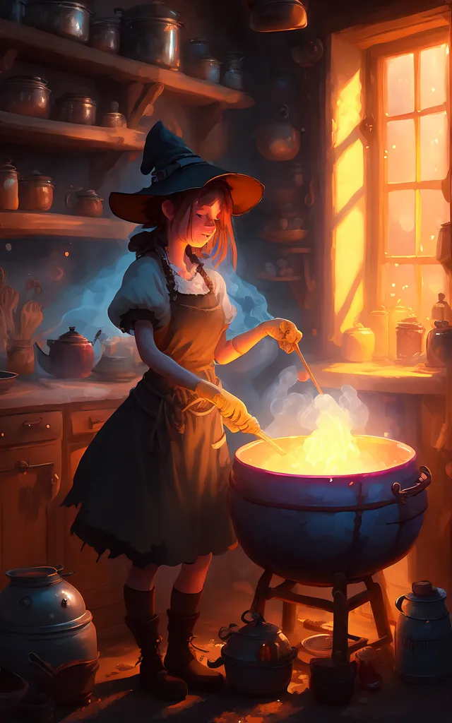 The image is of a witch in her kitchen. She is wearing a black hat and a blue apron. She is stirring a large pot of bubbling green liquid. There are shelves on the walls with various potions and ingredients. A cat is sitting on the counter watching her. The witch is smiling and looks happy to be brewing her potions.