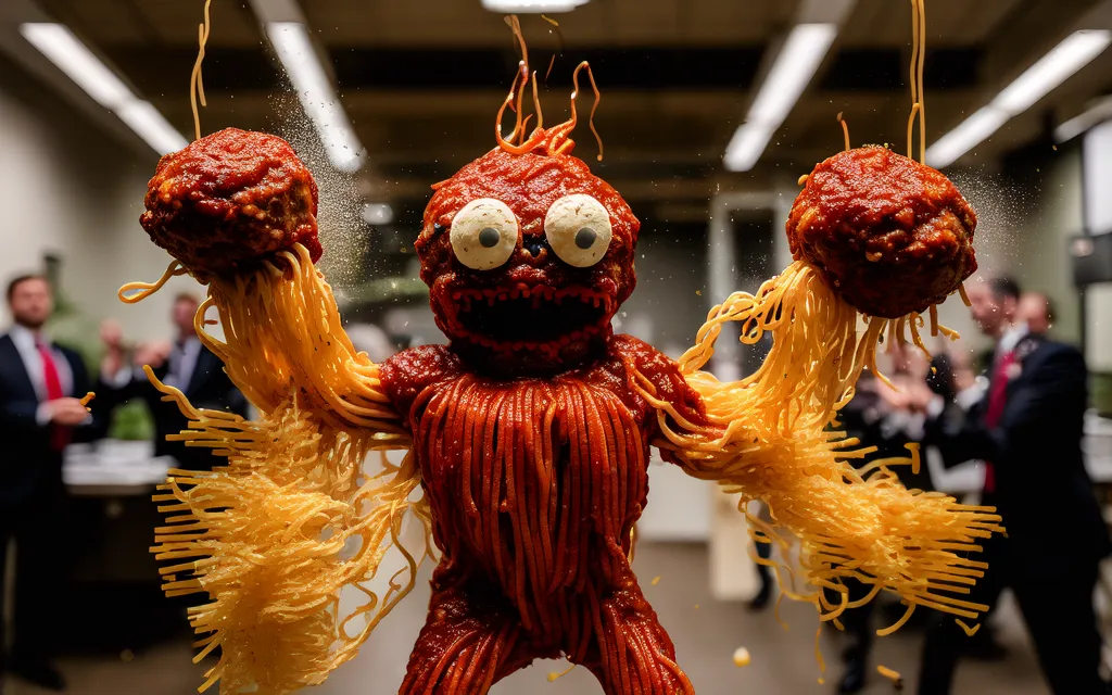 The image shows a creature made of spaghetti and meatballs. It is standing in a room and meatballs are being thrown at it from all sides. The creature is holding two meatballs in its hands and has a surprised expression on its face. People in suits are standing in the background, watching the creature.