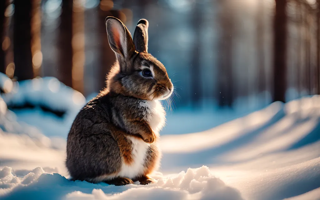 この画像は、冬の森の雪の上に座っている茶色のウサギを示しています。ウサギは画面の右側を見ています。木々を通して太陽が差し込み、温かく平和な情景を作り出しています。雪は清潔で手つかずで、ウサギの足跡が唯一の痕跡です。ウサギは小さな動物で、丸い体と長い耳を持っています。その毛皮は茶色と白で、目は濃い茶色です。ウサギは後ろ足に座り、前足を胸に置いています。耳は立ち上がり、鼻がピクピクしています。ウサギは周囲の状況に警戒しながら、注意深く見守っています。この画像は、冬の森の美しく平和な描写です。ウサギは無垢と純潔の象徴であり、雪は新しい始まりの象徴です。この画像は、最も寒く暗い時期にも、新しい命への希望があることを思い起こさせてくれます。