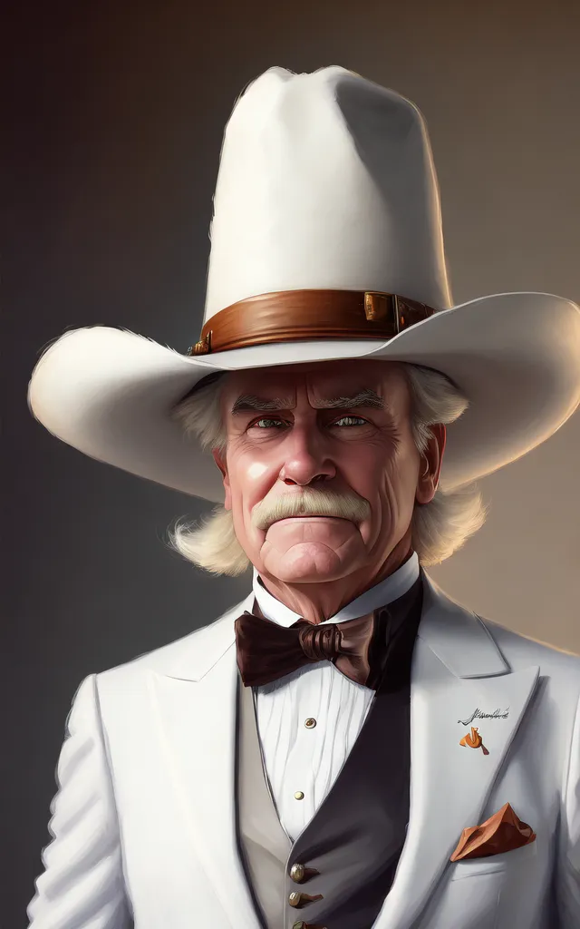 Cette image montre un homme portant un chapeau de cowboy blanc et un costume blanc. Il a une expression sérieuse sur le visage. Le chapeau a un ruban brun autour avec des conches argentées. Il porte une cravate papillon noire et une chemise blanche. Le costume a trois boutons sur le devant. Il y a un carré de poche marron dans la revers de la veste.