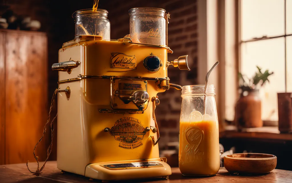 The image shows a vintage milkshake maker. It is yellow and white, made of metal, and has a large glass jar on top. There is a smaller glass jar next to it on the table. The milkshake maker is sitting on a wooden table. There is a window in the background.