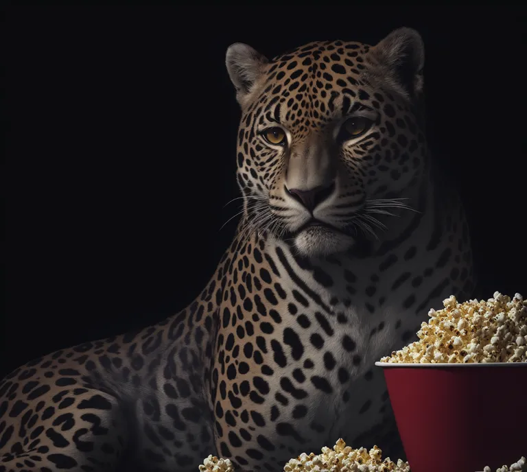 Un jaguar est assis à côté d'un seau rouge de pop-corn. Le jaguar regarde vers la droite du cadre, qui est principalement noir. Le pelage du jaguar est noir avec des taches brunes et jaunes. Le seau de pop-corn est rouge et blanc avec un couvercle rouge. Le jaguar est assis sur une surface sombre, probablement une table ou le sol.