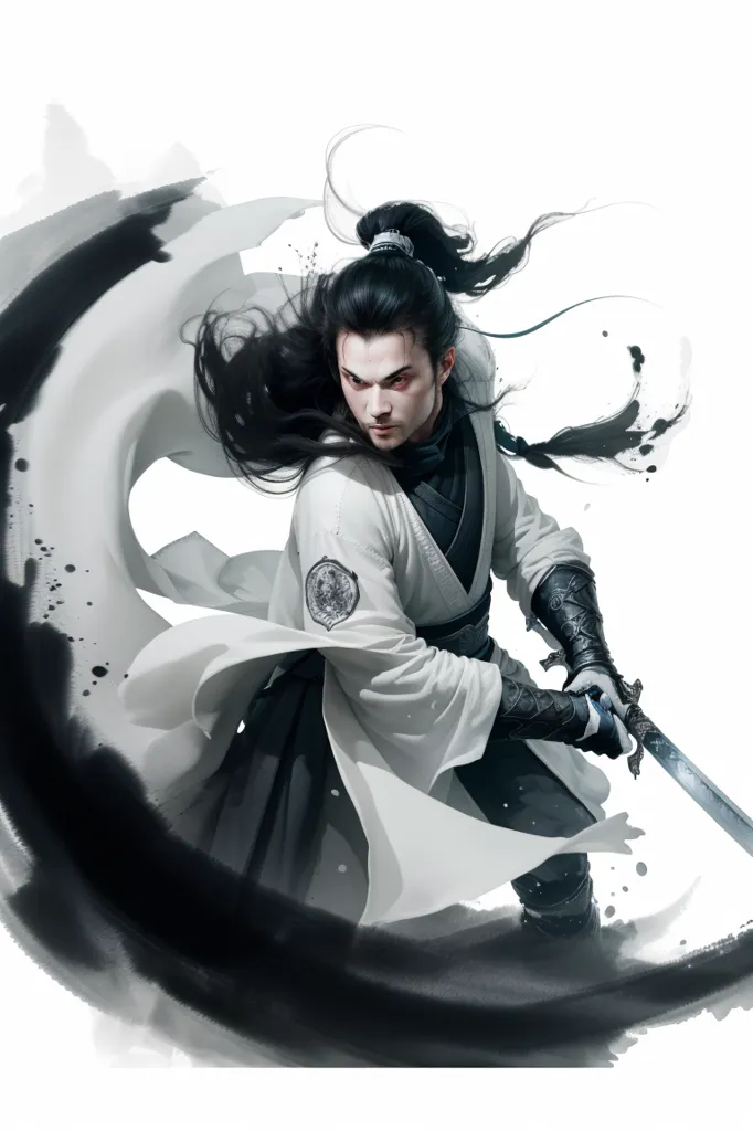 The image is of a man in a white robe with long black hair and a ponytail. He is holding a sword and there is a large splash of black ink behind him. The man is standing with his feet shoulder-width apart and his knees slightly bent. His left hand is holding the sword's hilt, while his right hand is resting on the sword's blade. The man's expression is one of determination and focus. He is wearing a white robe with a black sash and black boots. The man is standing in a white void. The only other thing in the image is the large splash of black ink behind him.