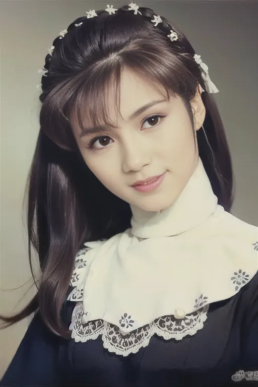 The image shows a young woman with long dark hair. She is wearing a white blouse with a black lace collar. There are small white flowers in her hair. She is looking at the camera with a slight smile on her face.