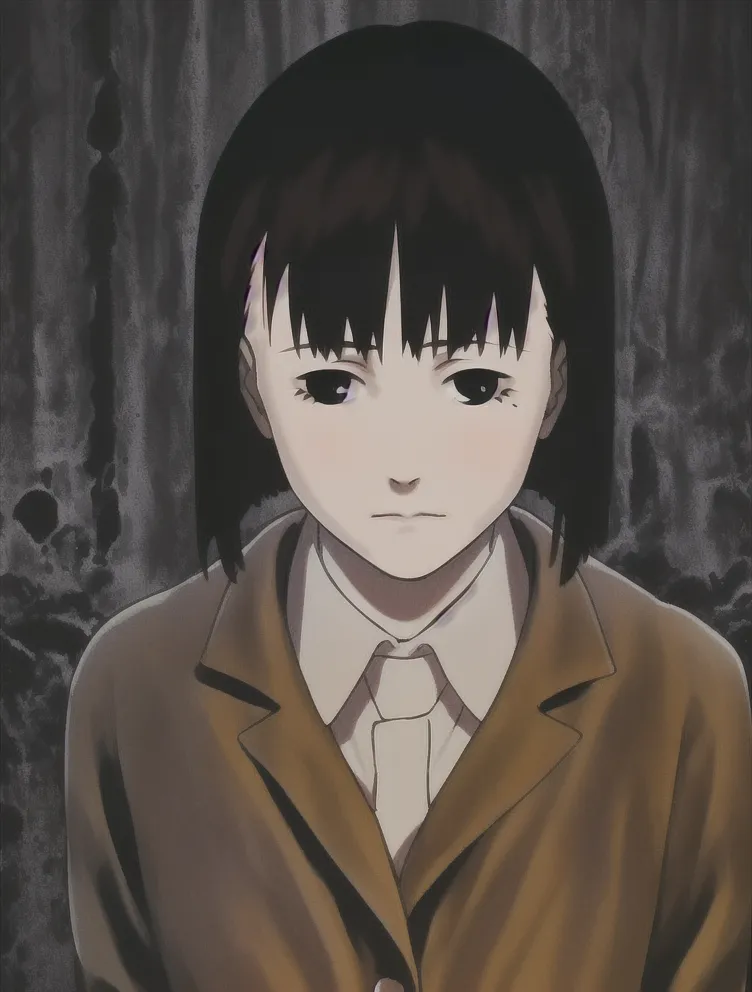 The image is a portrait of a young woman with short black hair and dark eyes. She is wearing a white shirt and a brown jacket. The background is dark and out of focus. The woman's expression is serious and thoughtful. She seems to be lost in thought, contemplating something important. The overall mood of the image is one of mystery and intrigue. It is unclear what the woman is thinking or feeling, but it is clear that she is deep in thought. The image is a still from an anime film or television series. The animation is of high quality, and the characters are well-drawn and expressive. The image is a good example of the artistry and creativity that can be found in anime.