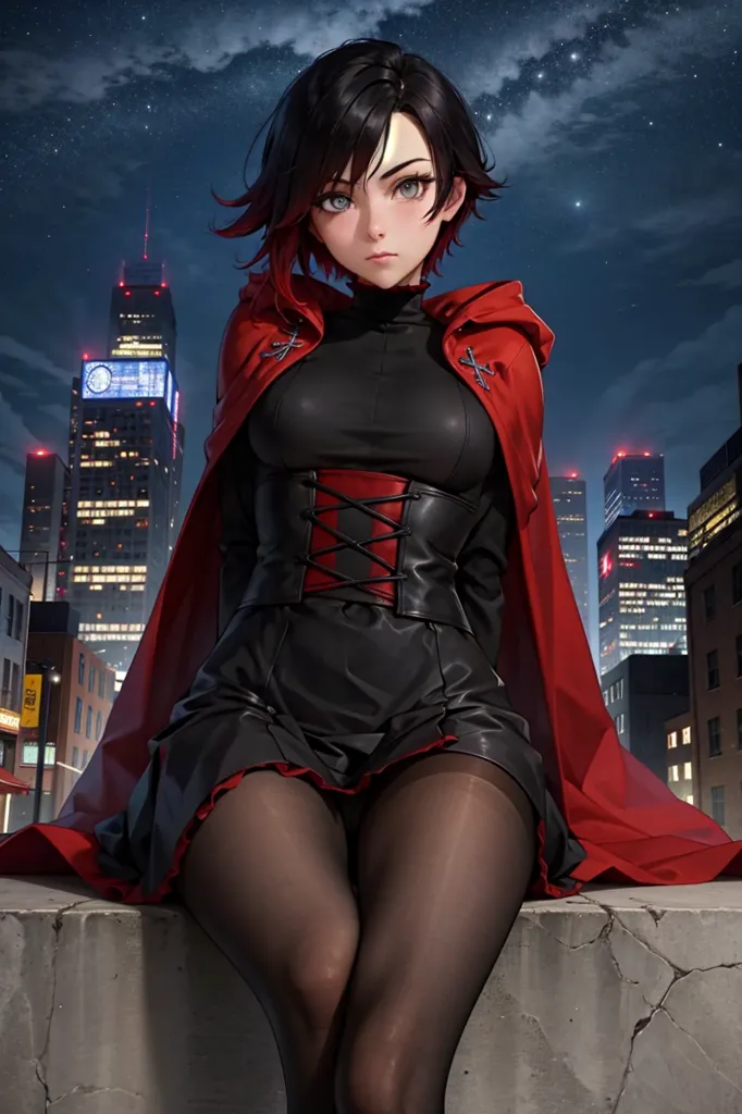 The image is of a young woman with black hair and red eyes. She is wearing a black and red dress with a corset and a red cape. She is sitting on a ledge in front of a city skyline. The city is in the background and is out of focus. The woman is looking at the viewer with a serious expression.