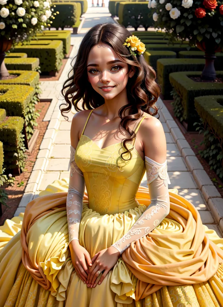 The image shows a beautiful young woman with long brown hair and brown eyes. She is wearing a yellow ball gown with a sweetheart neckline and off-the-shoulder sleeves. The dress is trimmed with white lace and has a full skirt. The woman is sitting on a stone bench in a garden. She has a serene smile on her face and is looking at the viewer. There are flowers and bushes in the background.