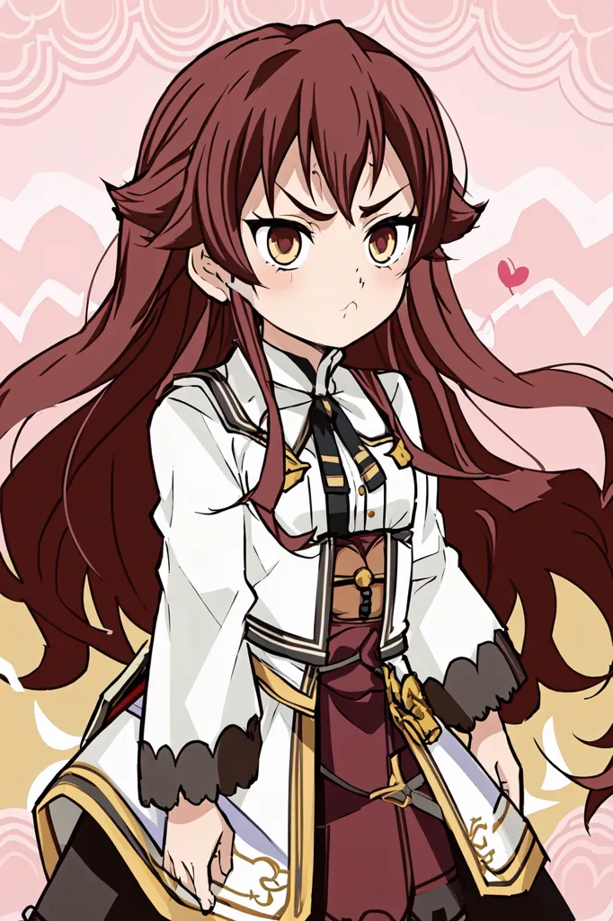 The image shows a young girl with long red hair and brown eyes. She is wearing a white and red military-style outfit with a long white cape. She has a pouty expression on her face and is looking to the right of the frame. The background is a pink and white gradient with a few small pink hearts.