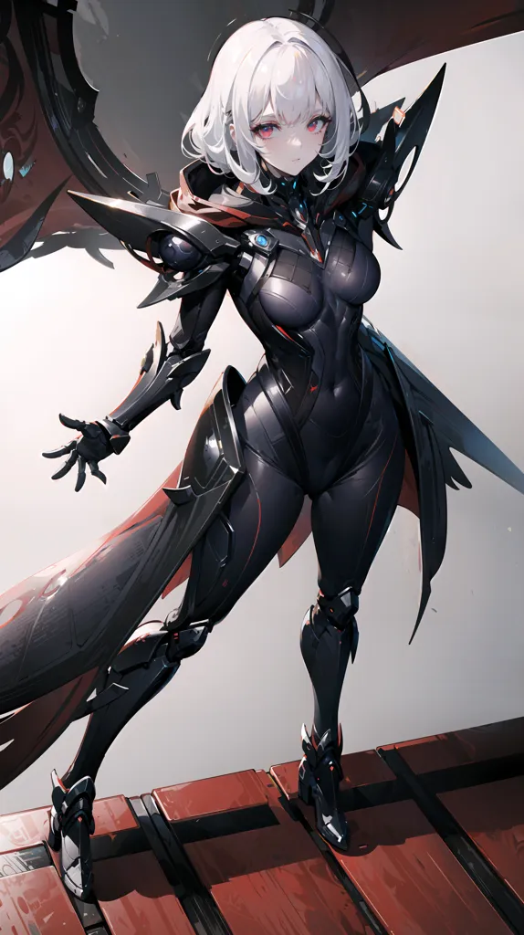 The image is of a white-haired anime girl wearing a black and red bodysuit with armor. The bodysuit has a high collar and a plunging neckline. The armor is on her shoulders, chest, and legs. She is also wearing a pair of black boots with red soles. She has a serious expression on her face and is looking at the viewer with her red eyes. She is standing on a wooden platform with a red background.