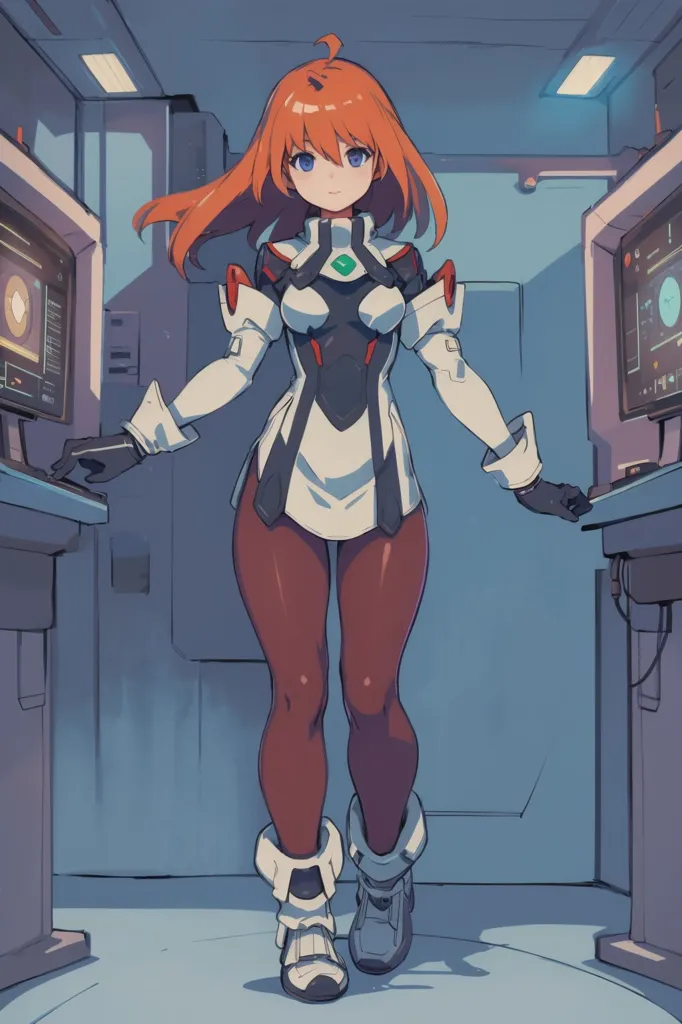 This is an image of a young woman standing in a futuristic room. She has an orange ponytail and blue eyes. She is wearing a white and gray bodysuit with orange accents. She also has a pair of black gloves and boots. The room she is standing in has two computer consoles on either side. There is also a door on the left side of the room.