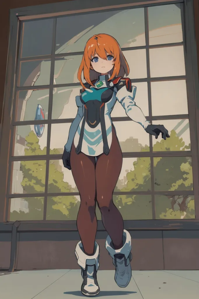 The image shows a young woman standing in front of a large window. She is wearing a white bodysuit with orange and blue accents. The bodysuit has a high collar and long sleeves. She is also wearing white boots and black gloves. The woman has long orange hair and blue eyes. She is looking at the view outside the window with a serious expression.