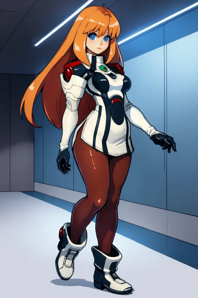 The image shows a young woman, with long orange hair, blue eyes, and a slim figure, wearing a white and black bodysuit with orange accents. She is also wearing a pair of black boots. She is standing in a futuristic hallway, with blue walls and bright lights.