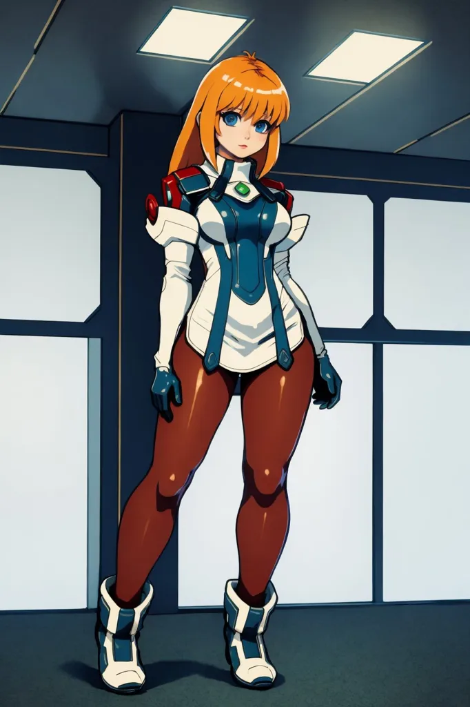 The image is a painting of a young woman in a futuristic outfit. She is standing in a room with a blue background. The woman has orange hair and blue eyes. She is wearing a white and blue bodysuit with a high collar. The bodysuit has a green crystal on the chest. She is also wearing a pair of black gloves and a pair of white boots. The woman is standing with her feet shoulder-width apart and her hands clasped in front of her. She has a confident expression on her face.